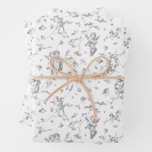 Cute Vintage Cherub Cupid Angels Gray Floral Toile Wrapping Paper Sheet