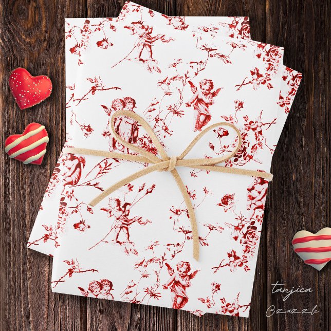 Cute Vintage Cherub Cupid Angels Red Floral Toile Wrapping Paper Sheet (Creator Uploaded)