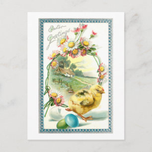 Cute Vintage Chick, Easter Eggs and Daisies Postcard