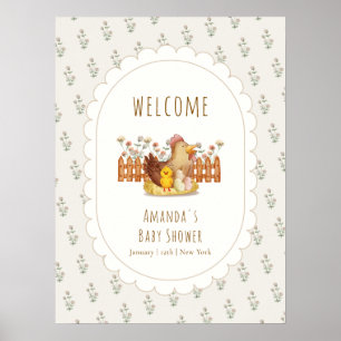 Cute Vintage Chicken Floral Baby Shower Welcome Poster