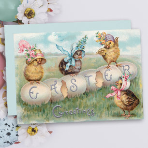 Cute Vintage Chicks in Easter Bonnets Holiday Card
