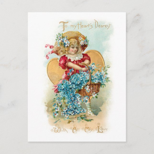 Cute Vintage Child, Heart, Flowers Valentine Postcard (Front)