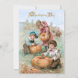 Cute Vintage Children Carving Pumpkins Holiday Card