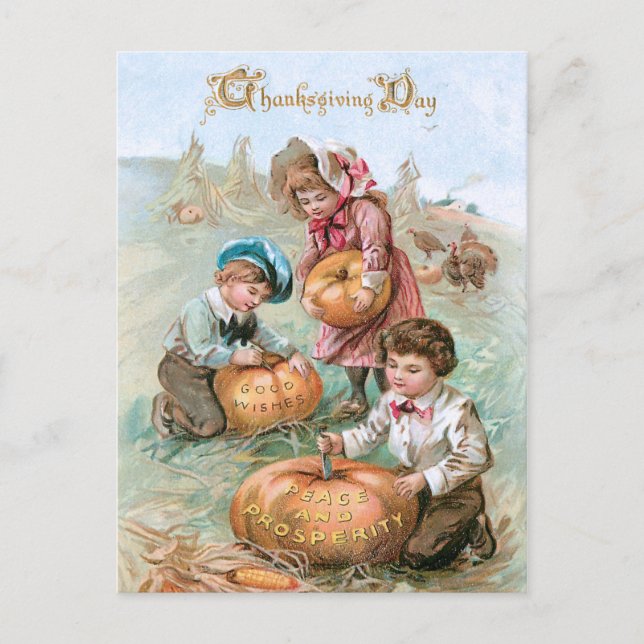 Cute Vintage Children Carving Pumpkins Postcard (Front)
