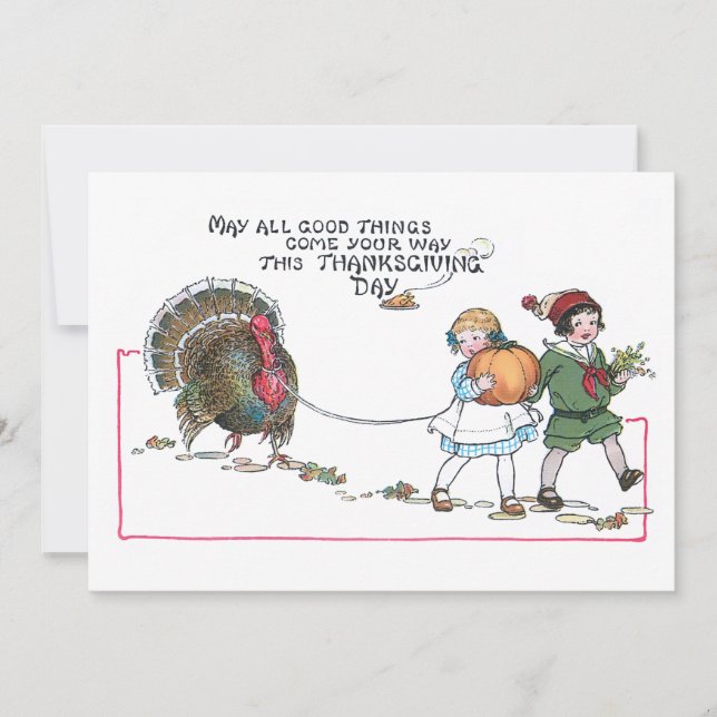 Cute Vintage Children with Thanksgiving Turkey Holiday Card (Front)