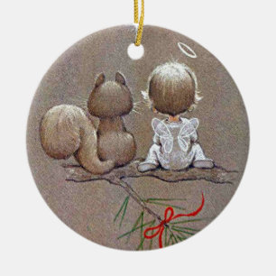 Cute Vintage Christmas Angel and Squirrel Ceramic Tree Decoration