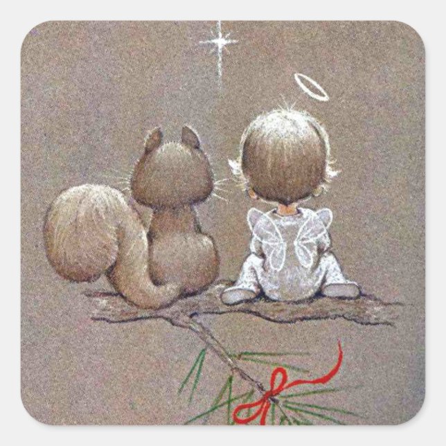Cute Vintage Christmas Angel and Squirrel Square Sticker (Front)