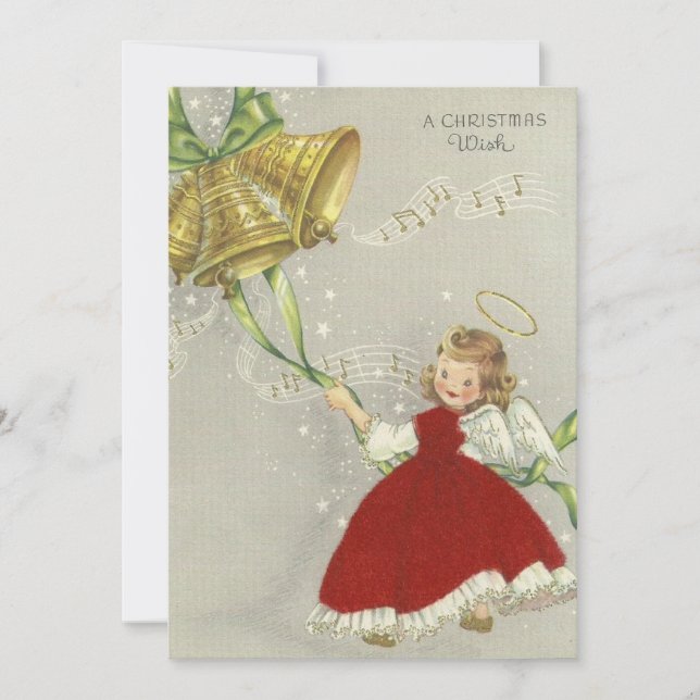 Cute Vintage Christmas Angel Rings Bell Holiday Card (Front)