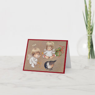 Cute Vintage Christmas Angels with Birds Holiday Card