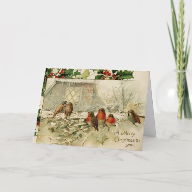 Cute Vintage Christmas Baby Robins Holiday Card (Front)