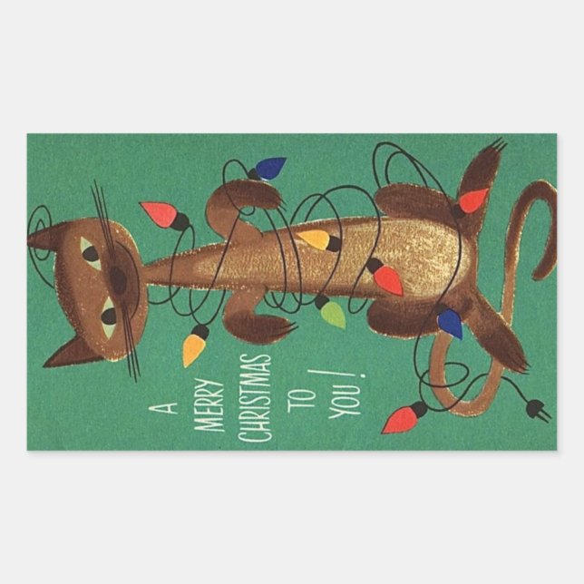 Cute Vintage Christmas Cat In Lights Rectangular Sticker (Front)