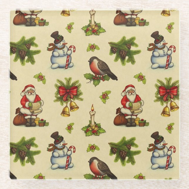 Cute Vintage Christmas Elements Glass Coaster (Front)