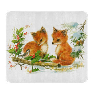 Cute Vintage Christmas Foxes Cutting Board
