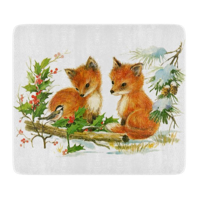 Cute Vintage Christmas Foxes Cutting Board (Front)