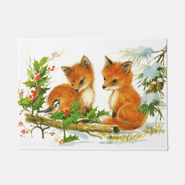 Cute Vintage Christmas Foxes Doormat (Front)