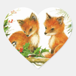 Cute Vintage Christmas Foxes Heart Sticker
