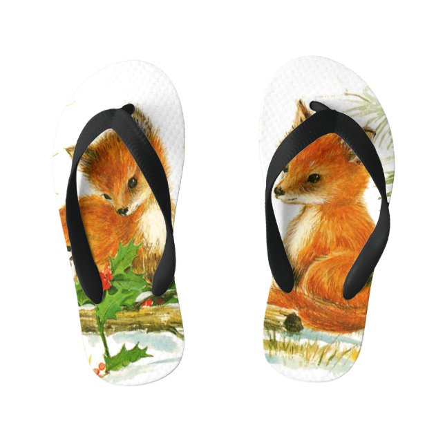Cute Vintage Christmas Foxes Kid's Flip Flops (Footbed)