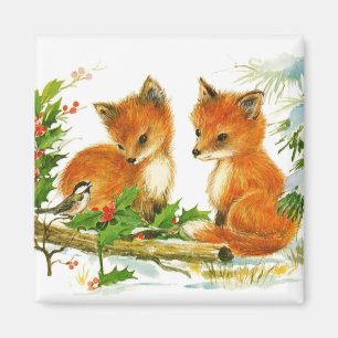 Cute Vintage Christmas Foxes Magnet
