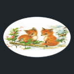 Cute Vintage Christmas Foxes Oval Sticker<br><div class="desc">Original vintage retro illustration of cute little foxes at Christmas.</div>