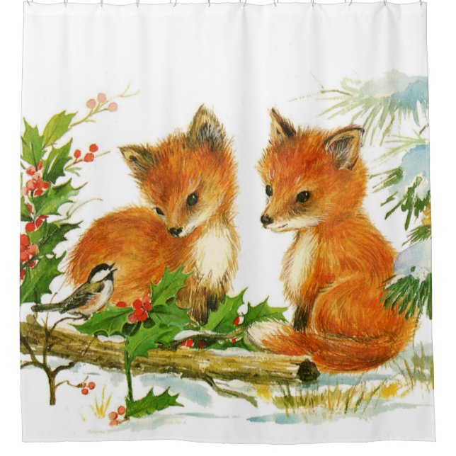 Cute Vintage Christmas Foxes Shower Curtain (Front)