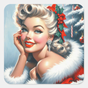 Cute Vintage Christmas Girl Square Sticker