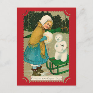 Cute Vintage Christmas Greetings Girl Snowman Postcard