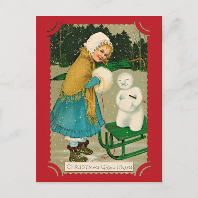 Cute Vintage Christmas Greetings Girl Snowman Postcard (Front)