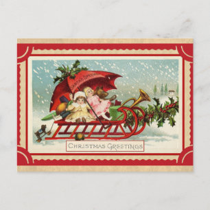 Cute Vintage Christmas Greetings Toys Sled Postcard