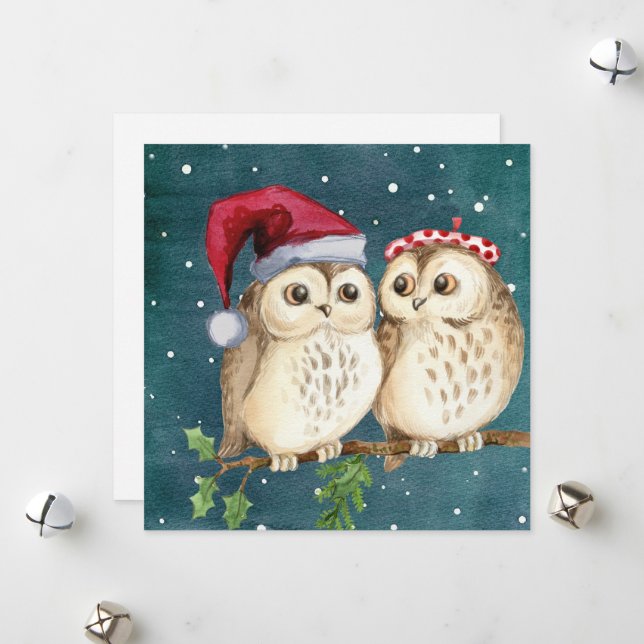 Cute Vintage Christmas Owls Flat Holiday Card (Front/Back In Situ)
