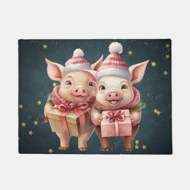Cute vintage Christmas Pigs Doormat (Front)