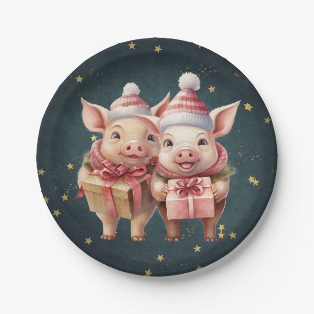 Cute vintage Christmas Pigs Paper Plate (Front)