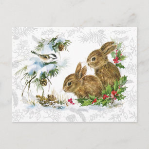 Cute Vintage Christmas Snow Bunny and Holly Postcard