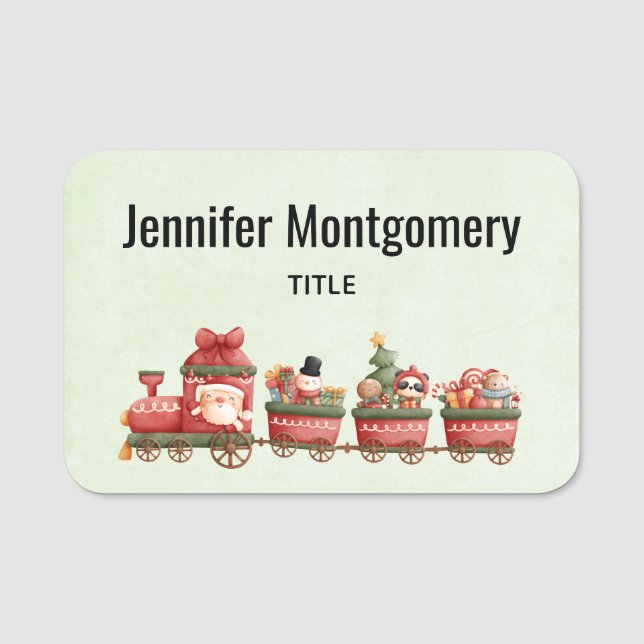 Cute Vintage Christmas Train with Toys Name Tag (Front)