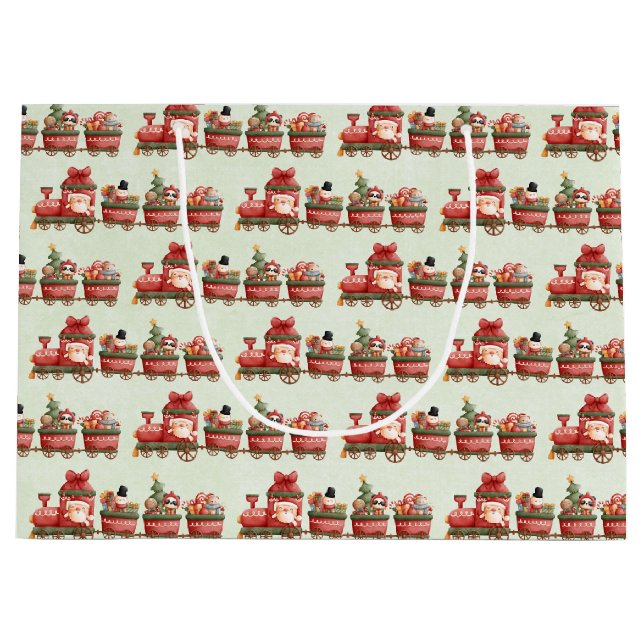 Cute Vintage Christmas Train with Toys Pattern Large Gift Bag (Front)