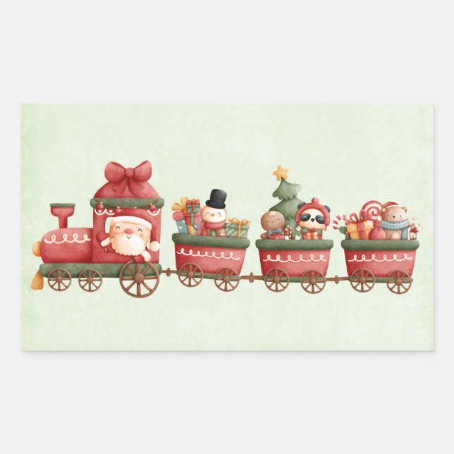Cute Vintage Christmas Train with Toys Rectangular Sticker (Front)