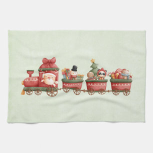 Cute Vintage Christmas Train with Toys Tea Towel
