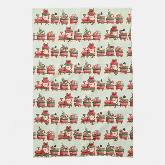 Cute Vintage Christmas Train with Toys Tea Towel (Vertical)