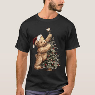 Cute Vintage Christmas Tree And Teddy Bear Santa H T-Shirt