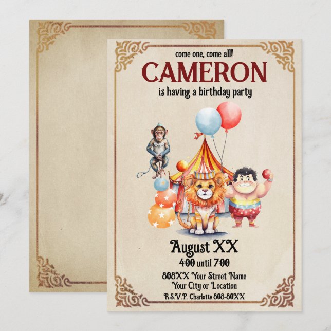 Cute Vintage Circus Animals Invitation (Front/Back)