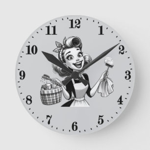 Cute vintage cleaning lady round clock