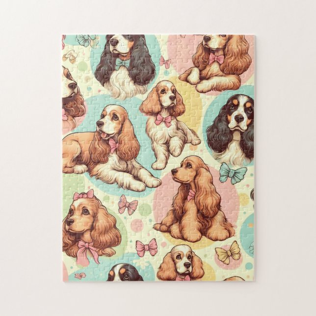 Cute Vintage Cocker Spaniel Seamless Pattern Jigsaw Puzzle (Vertical)
