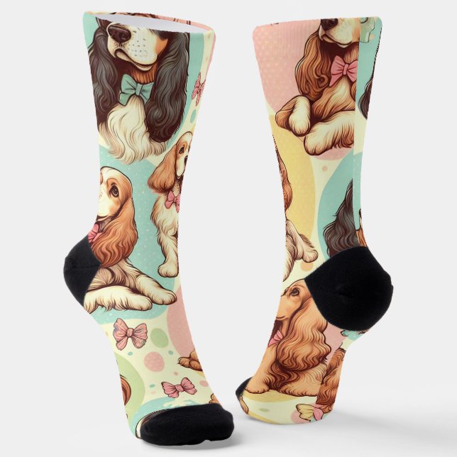 Cute Vintage Cocker Spaniel Seamless Pattern Socks (Angled)