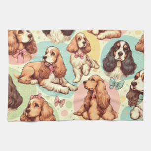 Cute Vintage Cocker Spaniel Seamless Pattern Tea Towel