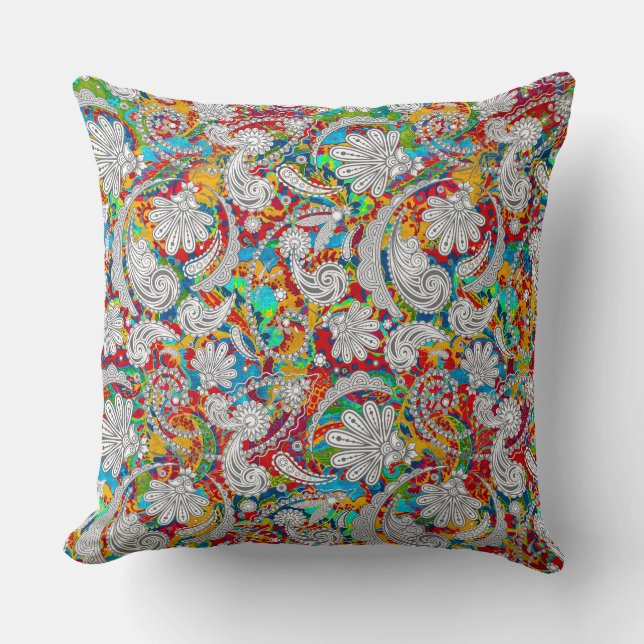 Cute vintage colourful white paisley patterns cushion (Front)