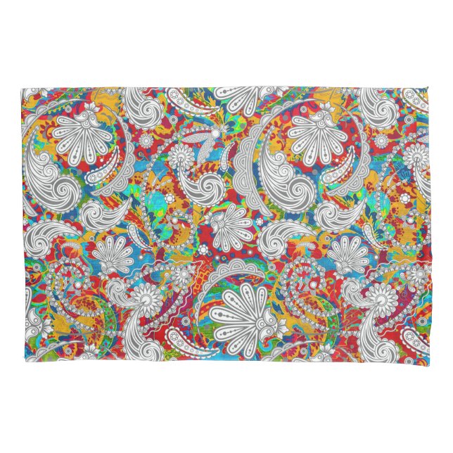 Cute vintage colourful white paisley patterns pillowcase (Front-Left)