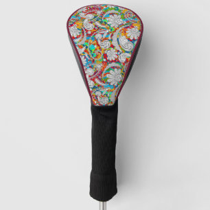 Cute vintage colourful white paisley patterns roun golf head cover