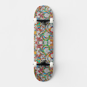 Cute vintage colourful white paisley patterns roun skateboard