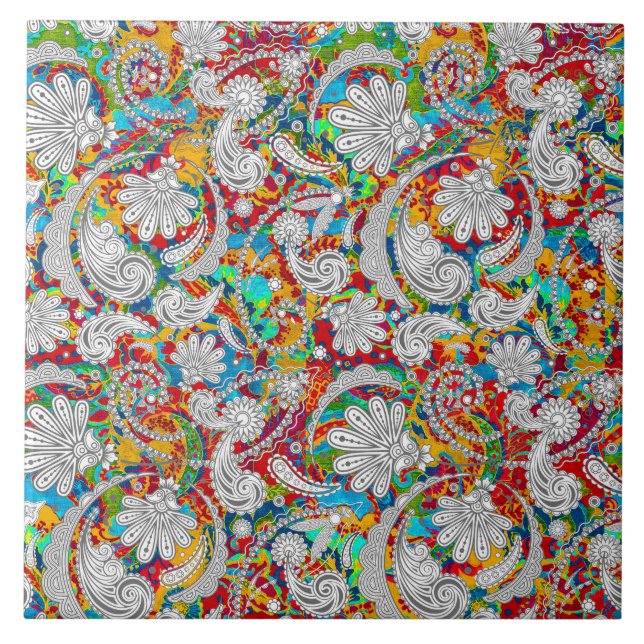 Cute vintage colourful white paisley patterns tile (Front)
