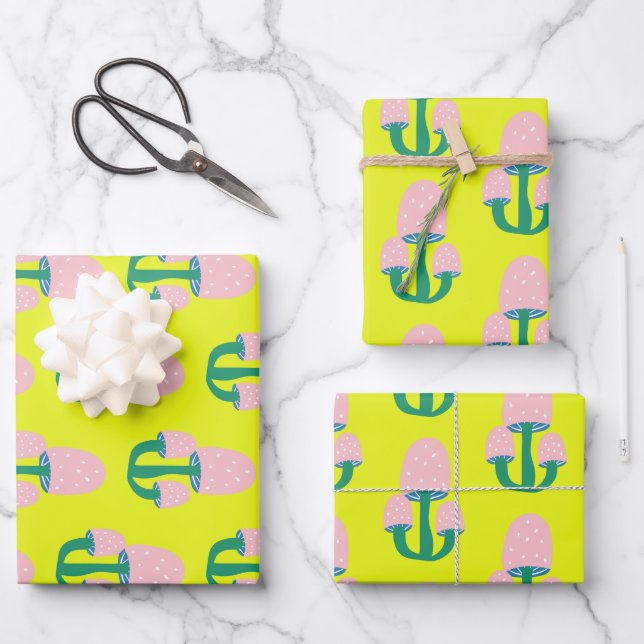 Cute Vintage Cottagecore Mushroom Yellow and Pink Wrapping Paper Sheet (Front)