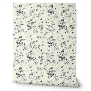 Cute Vintage Cupid Angel Black Ivory Floral Toile Wallpaper